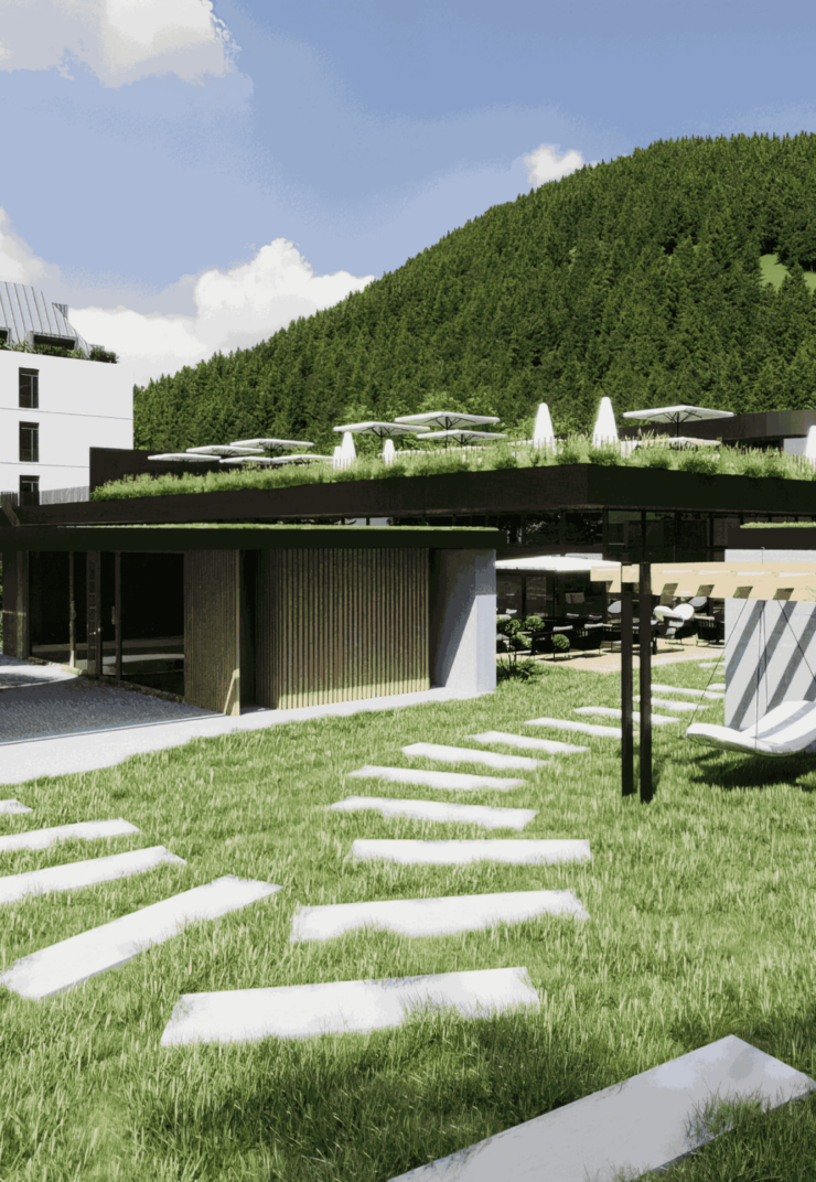 Vizualizácia projektu - Pohľad na sauny, odpočinkovú časť a freshbar.