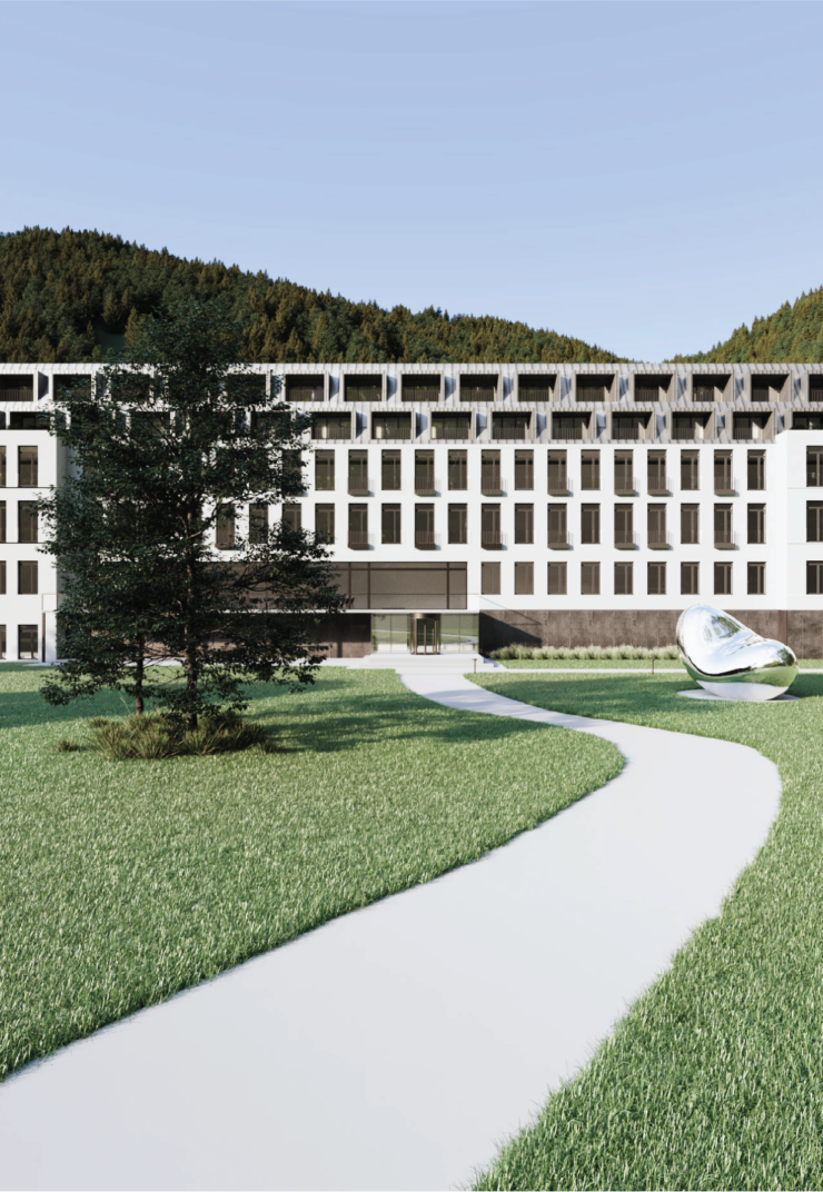 Vizualizácia projektu - Pohľad na zadnú časť hotela.